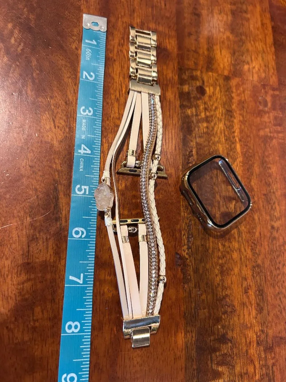 Apple Watch 45mm Series 9/8/7 Gold Tempered Glass Case + Boho Bracelet Band Set